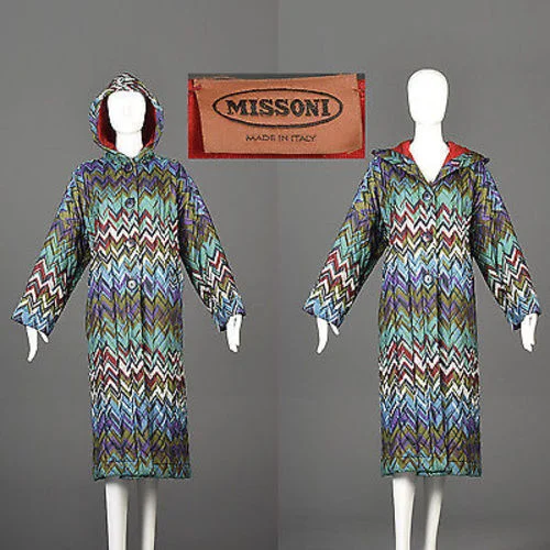 Missoni Colorful Print Oversized Quilted Rain Coat with Hood Pockets Sleeves Lining