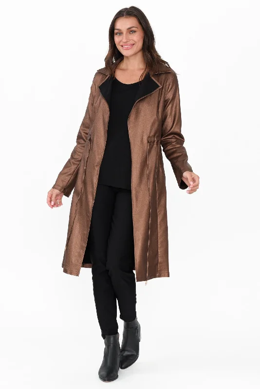 Rois Bronze Faux Leather Trench Coat Trench Raincoat Windbreaker