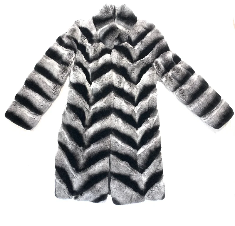 Volare Rex Rabbit Chinchilla Fur Trench Coat Buttoned Toggled Snapped