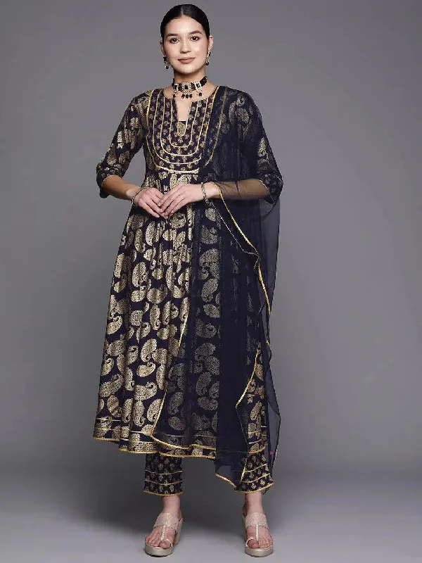 Blue Printed Rayon Anarkali Kurta With Trousers & Dupatta Trousers stylish elegant