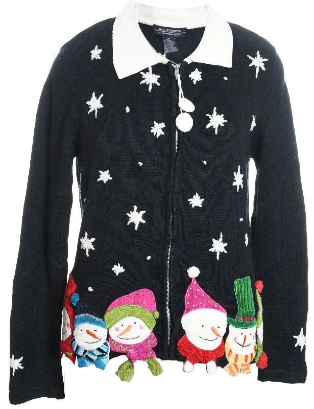 Snowman Christmas Cardigan - M Boat Neck Shawl Collar Notched Collar