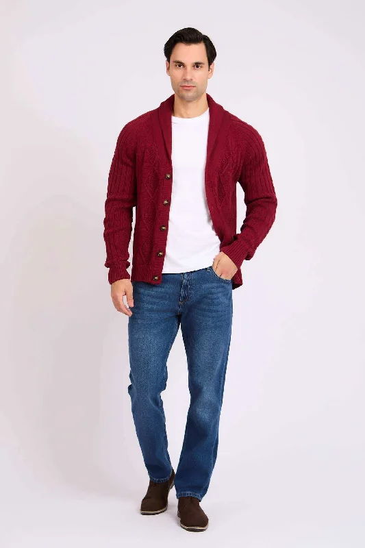 Men Regular Fit Cardigan - Red Thin Thick Dense