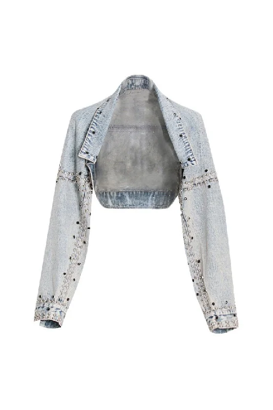 Retro Drop Shoulder Long Sleeve Open Front Studded Crop Denim Bolero Jacket Zippered Jacket Buttoned Jacket Snapped Jacket Retro Drop Shoulder Long Sleeve Open Front Studded Crop Denim Bolero Jacket Zippered Jacket Buttoned Jacket Snapped Jacket