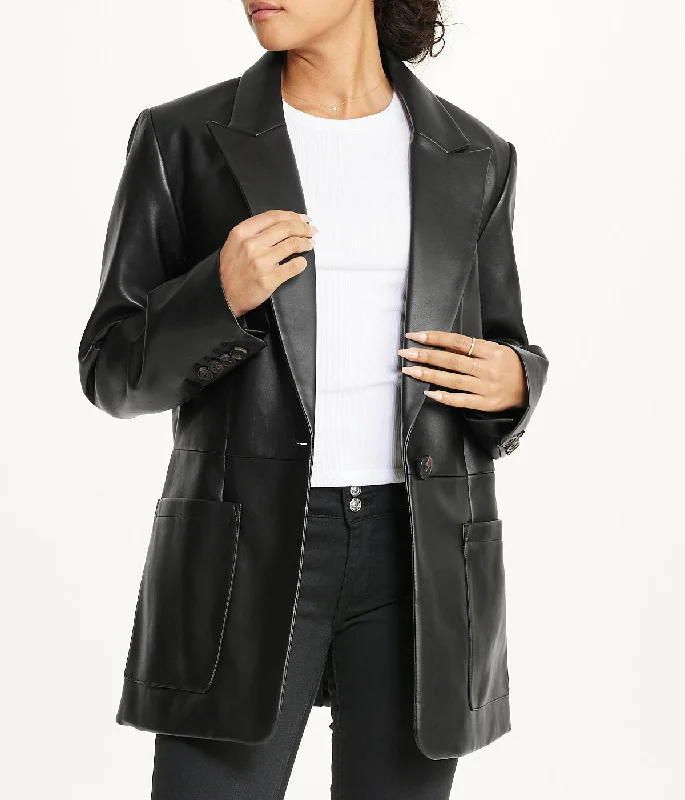 Notch Collar Oversized PU Blazer Black Women's Trendy Jacket