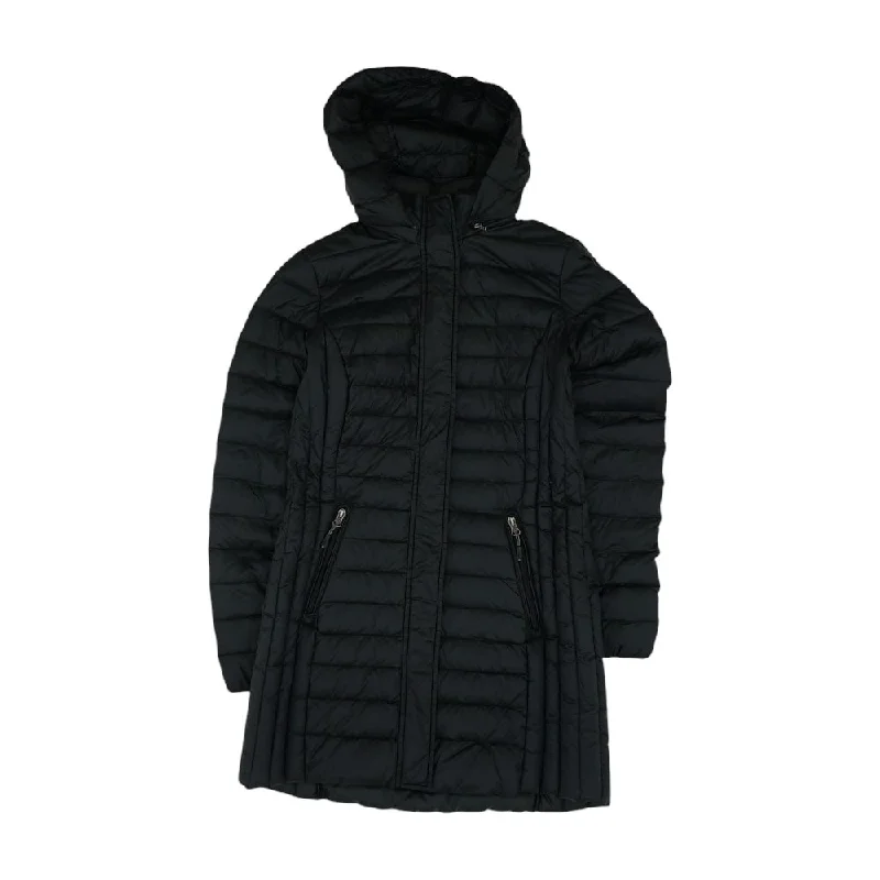 Black Solid Puffer Coat Zip Front Button Front Snap Front