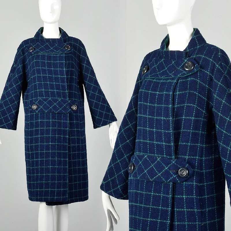 Medium Pauline Trigere 1960s Mod Blue Plaid Wool Blanket Coat Bodycon Sheath Shift