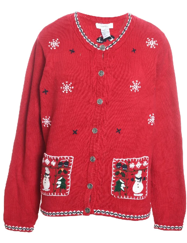 Snowman Design Red Embroidered Christmas Cardigan - M Stylish Fashionable Trendy