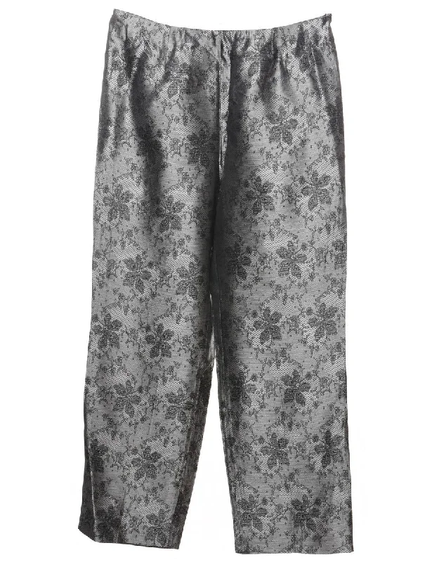 Floral Design Black & Silver Shiny Lace Trousers - W32 L32 Trousers Timeless Classic