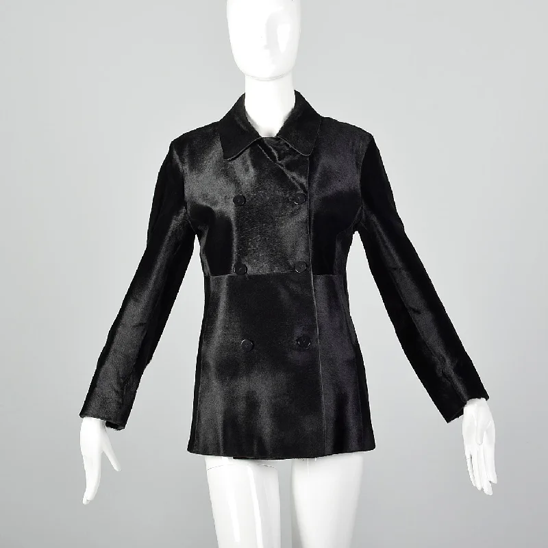 1990s Donna Karan Signature Black Pony Hair Coat Plaid Tartan Floral