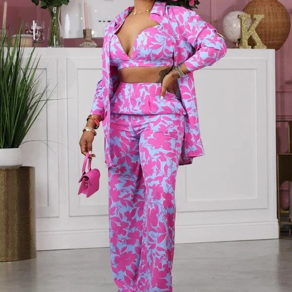 Women's Printed Trousers Three-piece Set Suit Trousers Bootcut Casual