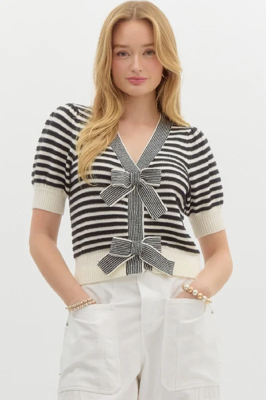 Striped Bow Short Sleeve Cardigan Long Cardigan Short Cardigan Medium Cardigan