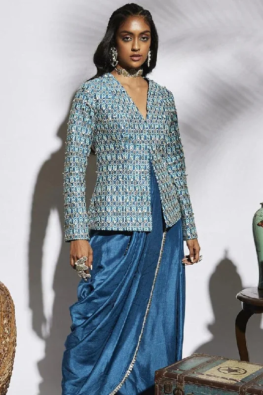 TURQUOISE BLUE DRAPE SKIRT WITH ATTACHED DRAPE PAIRED WITH EMBELLISHED STRUCTURE JACKET Wool Jacket Cashmere Jacket Tweed Jacket TURQUOISE BLUE DRAPE SKIRT WITH ATTACHED DRAPE PAIRED WITH EMBELLISHED STRUCTURE JACKET Wool Jacket Cashmere Jacket Tweed Jacket