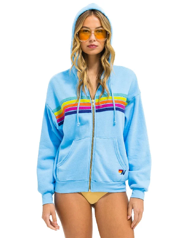 5 Stripe Zip Hoodie - Sky/Rainbow Hoodie with Hem Raw Edge Edgy Unfinished