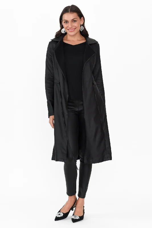 Rois Black Faux Leather Trench Coat Down Puffer Quilted