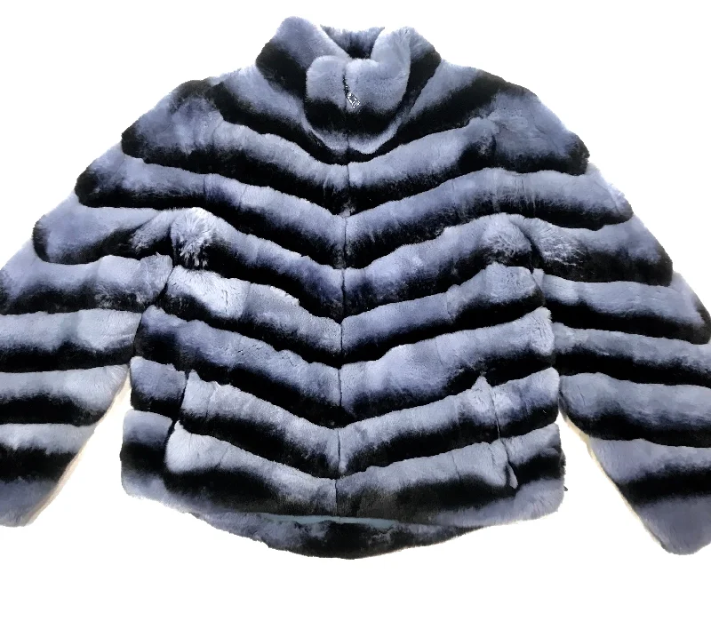Kashani Ladies Blue Rex Rabbit Chinchilla Fur Coat Tie-Waist Belted Drawstring