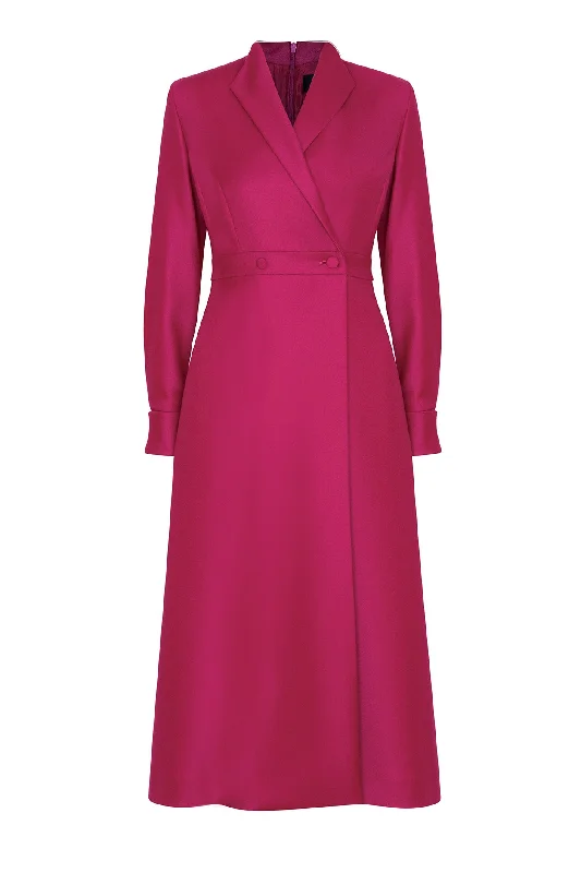 Double Breasted, Long Sleeved Coat Dress with Buttons in Magenta Wool - Savannah Cardigan Sweater Pullover
