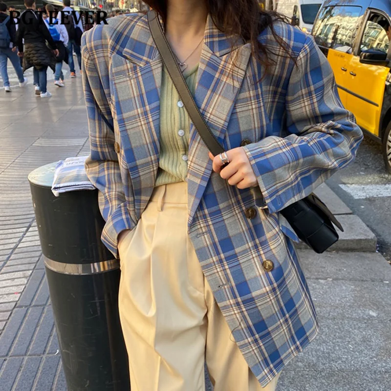 Vintage Loose Women Chic Double-Breasted Long Sleeves Color Blocking Plaid Blazer Women's Fashion Blazer