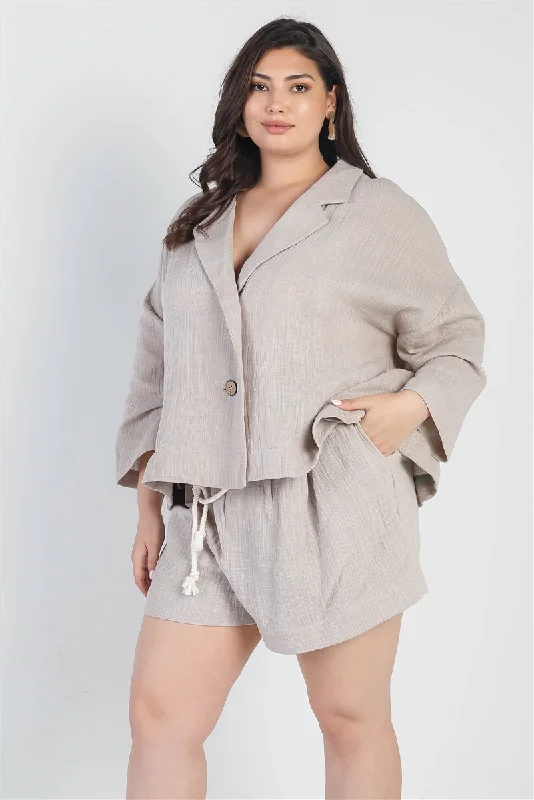 Plus Grey Button-up Collared Neck Blazer High Waist Shorts Set Winter Women's Blazer