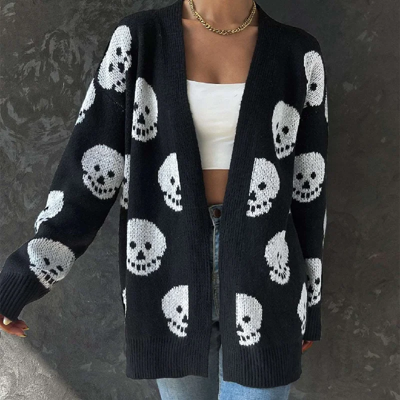 Chic Halloween Skull Jacquard Cardigan Anti-Pilling Anti-Shrink Durable