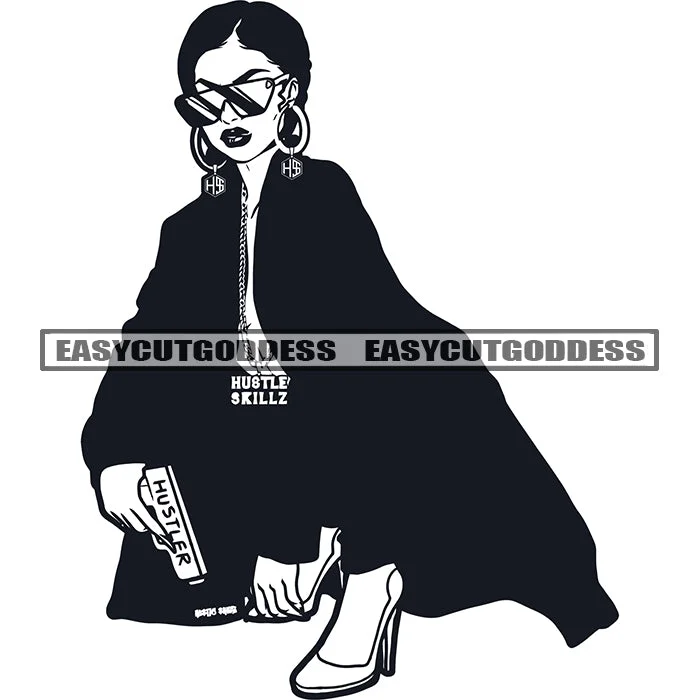 Gangster African American Woman Hand Holding Gun Weapon Wearing Sunglass And Coat Vector Design Element Hoop Earing SVG JPG PNG Vector Clipart Cricut Silhouette Cut Cutting Bomber Denim Leather