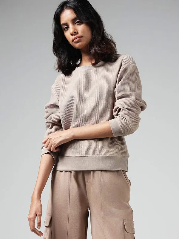 Studiofit Beige Self-Striped Sweatshirt Hoodie with Ribbed Cuffs Snug Fit Comfort