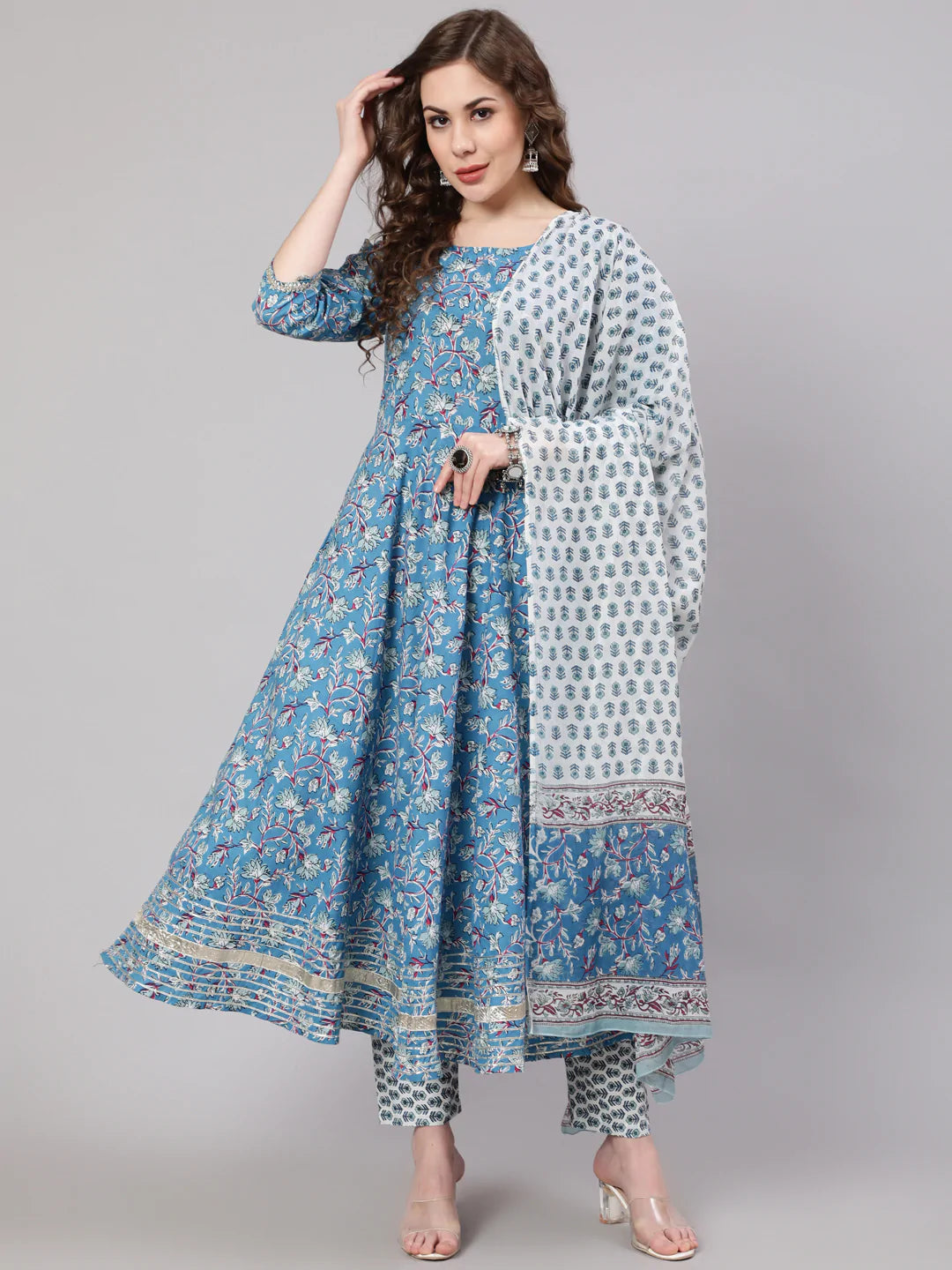 NOZ2TOZ Women Blue Printed Anarkali Kurta With Trouser And Dupatta Trousers Summer Linen