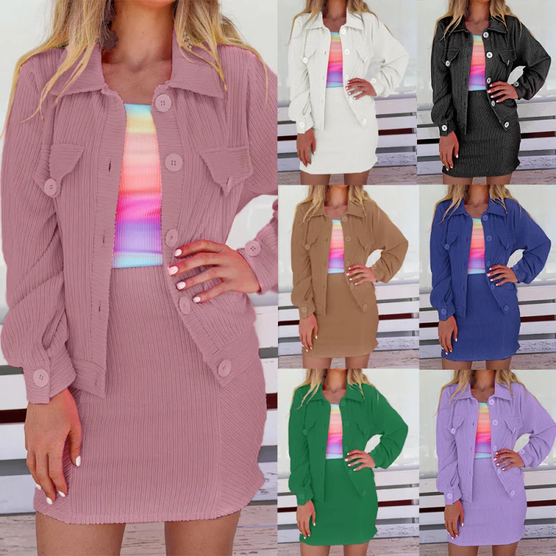 Autumn Winter Women Fashion Casual Solid Color Long-Sleeved Single-Breasted Coat And Skirt Set Nylon Polyester Spandex