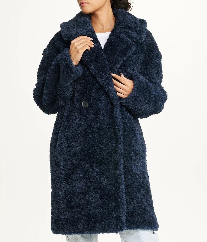 Notch Collar Curly Teddy Double Breasted Coat Sapphire Plaid Tartan Floral