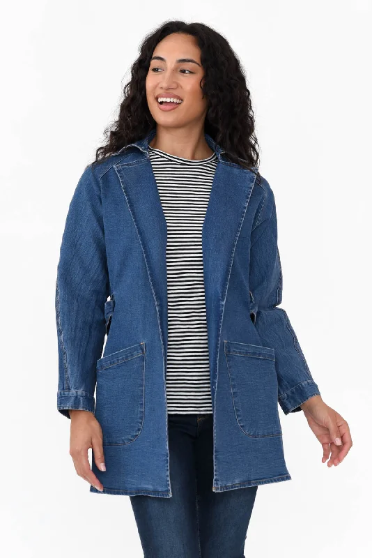 Brynn Blue Denim Tie Coat Striped Polka Dot Solid