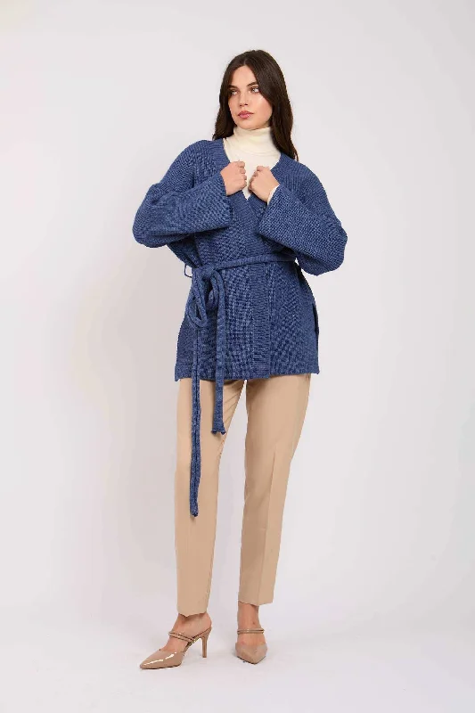 Women Regular Fit Cardigan - Blue Cotton Fabric Linen Fabric Terry Fabric