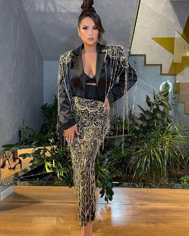 Two-Piece Black Embellished Dress with Blazer Women's Vintage Suit