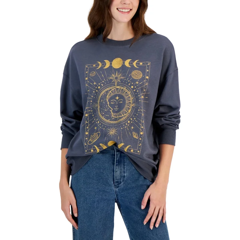 REBELLIOUS ONE - Celestial Graphic-Print Sweatshirt Hoodie with Button Placket Classic Preppy REBELLIOUS ONE - Celestial Graphic-Print Sweatshirt Hoodie with Button Placket Classic Preppy