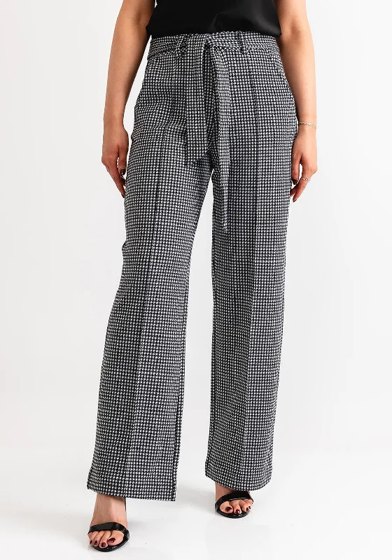 Fransa Blenda Houndstooth Wide Leg Trousers, Black Trousers Culottes Wide Leg