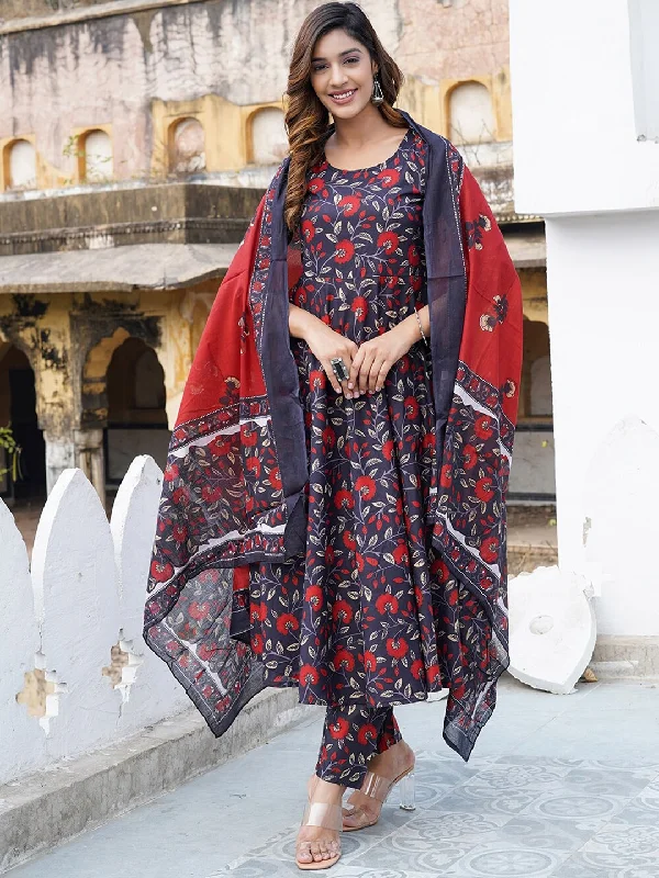 Kalini Floral Printed Anarkali Pure Cotton Kurta with Trousers & Dupatta Trousers Travel Practical