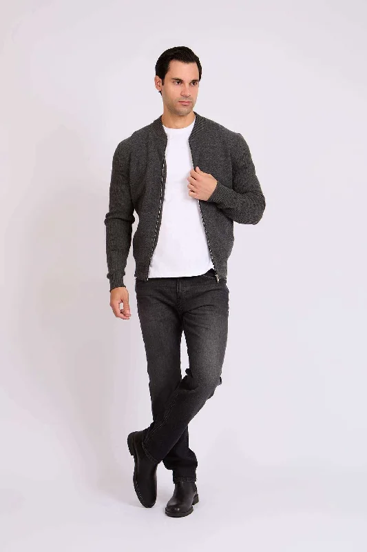 Men Regular Fit Cardigan - Grey Embroidered Appliqued Beaded