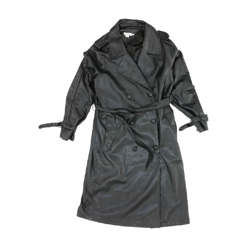 Black Solid Faux Leather Coat Zip Front Button Front Snap Front