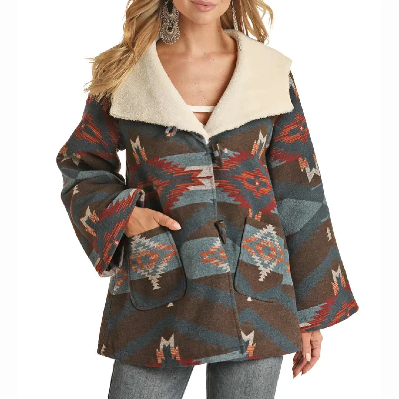 Powder River Outfitters Women's Aztec Jacquard Cape Coat Cuffed Rolled Raglan