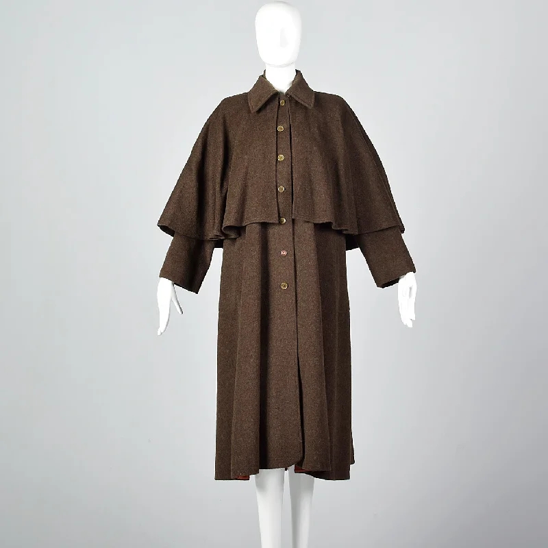 1970s Yves Saint Laurent Loose Wool Inverness Cape Coat Trim Padded Insulated