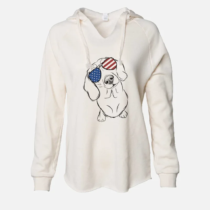 USA Bill the Dachshund - Cali Wave Hooded Sweatshirt Hoodie with Hem Contrast Bold Stylish USA Bill the Dachshund - Cali Wave Hooded Sweatshirt Hoodie with Hem Contrast Bold Stylish