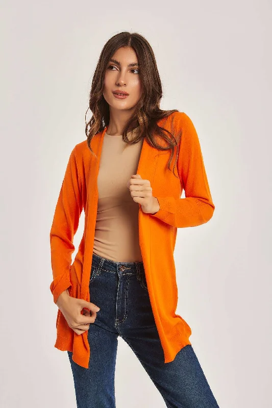 Women Regular Fit Cardigan - Celosia Orange Zippered Buttoned Snapped