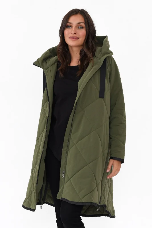 Ramsay Dark Green Quilted Puffer Coat Turtleneck Wrap Cape