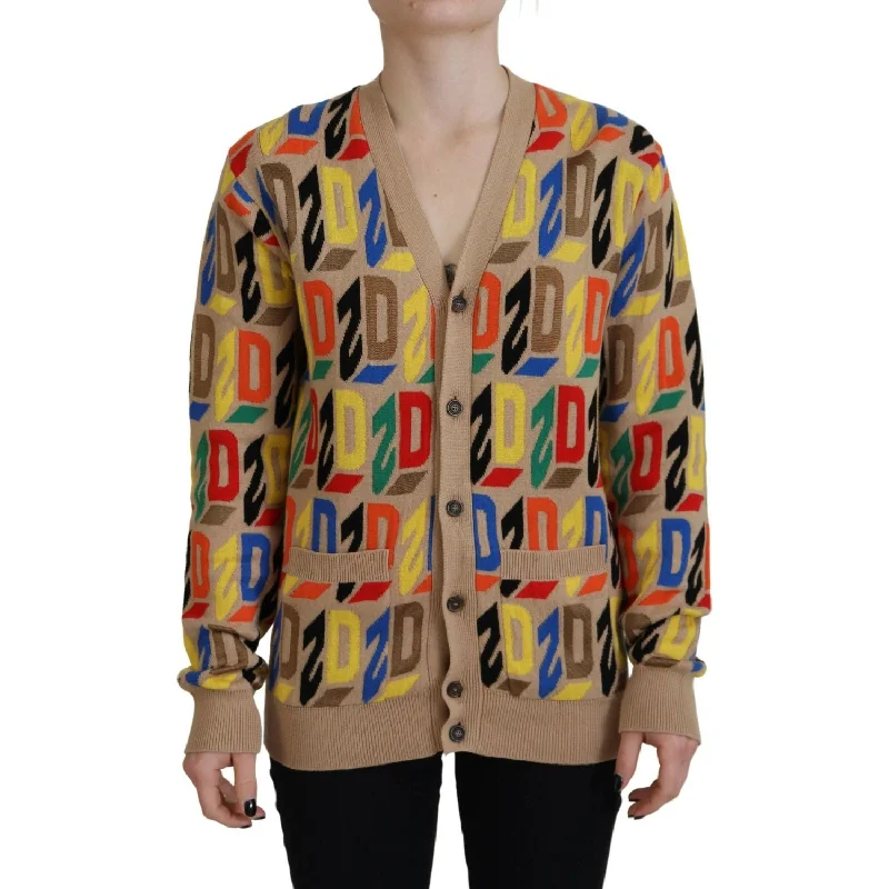 Dsquared² Brown Logo Long Sleeve Women Cardigan Sweater Beaded Cardigan Sequined Faux Fur