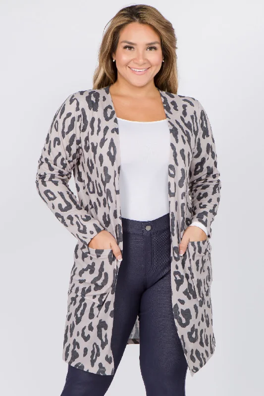 Plus Size Wild Leopard Print Cardigan Bright Pastel Dark