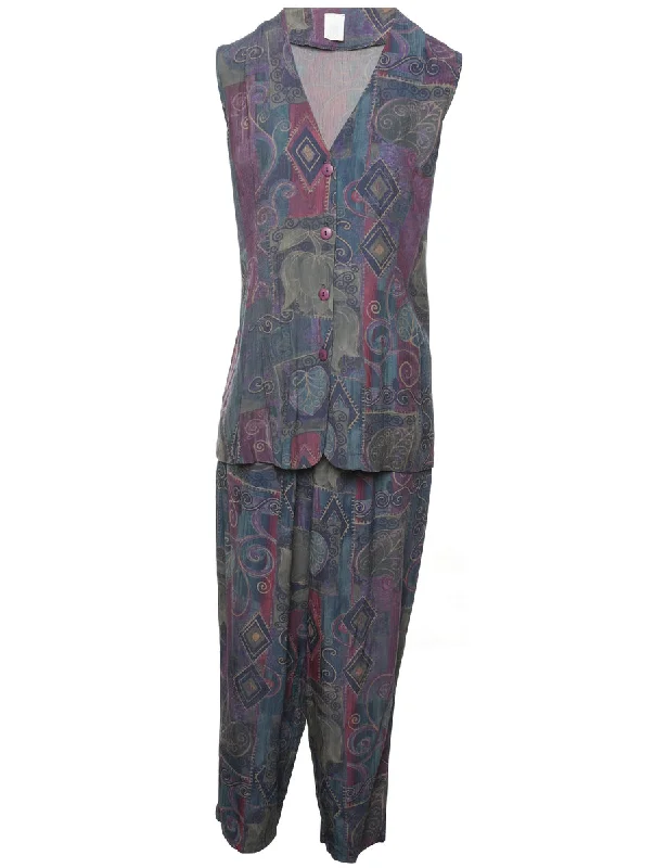 Patterned 1990s Multi-Colour Top & Trouser Set - M Trousers Denim Blue