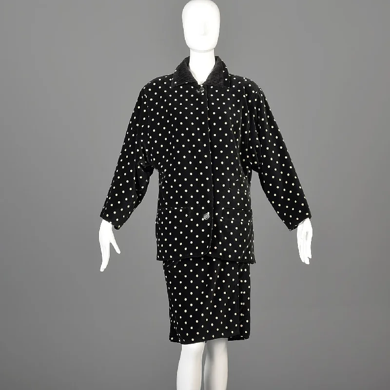 1980s Gianni Versace Skirt Oversized Blazer & Wrap Skirt in Black Velvet with White Polkadots Women's Boutique Jacket
