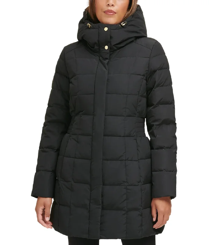 Box Quilt Down Zip Front Coat Dark Black Appliqued Beaded Sequined