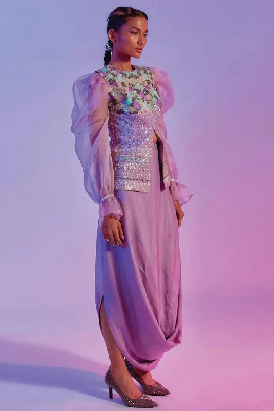 INTRICATE EMBELLISHED LILAC JACKET WITH EXAGGERATED ORGANZA SLEEVES TEAMED WITH A DRAPE SKIRT Quilted Jacket Puffer Jacket Insulated Jacket INTRICATE EMBELLISHED LILAC JACKET WITH EXAGGERATED ORGANZA SLEEVES TEAMED WITH A DRAPE SKIRT Quilted Jacket Puffer Jacket Insulated Jacket