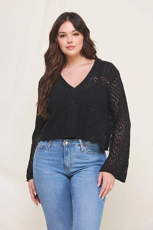 Scallop Hem Fine Gauge Cardigan (Plus) Herringbone Houndstooth Plaid