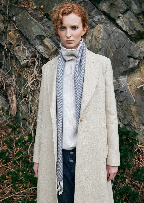 Beige Herringbone Shannon Tweed Coat Knit Woven Fleece