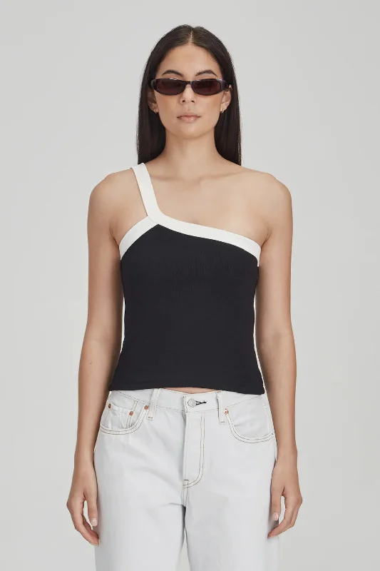 Commoners - Fitted Rib Single Shoulder Tank, Black w/ White bright tank top